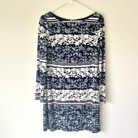 Eliza J Blue White Floral Shift Dress Long Sleeve Stretchy Lined Wedding Modest - Picture 1 of 10